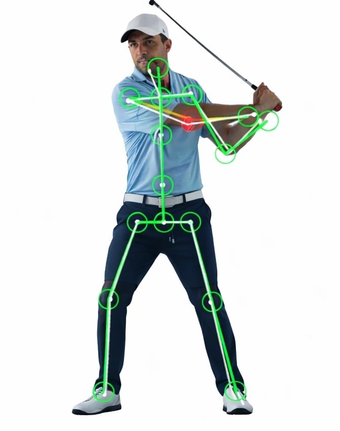 A golfer at the top of his backswing with his skeleton drawn over him in green