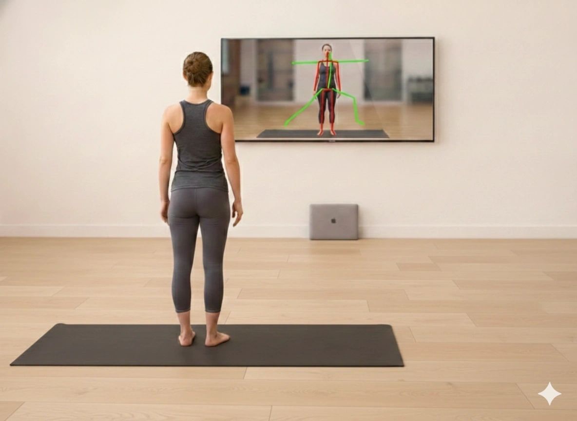 A woman on a mat facing a TV that shows her with her skeleton in green; the phone that films her leans against the wall under the TV