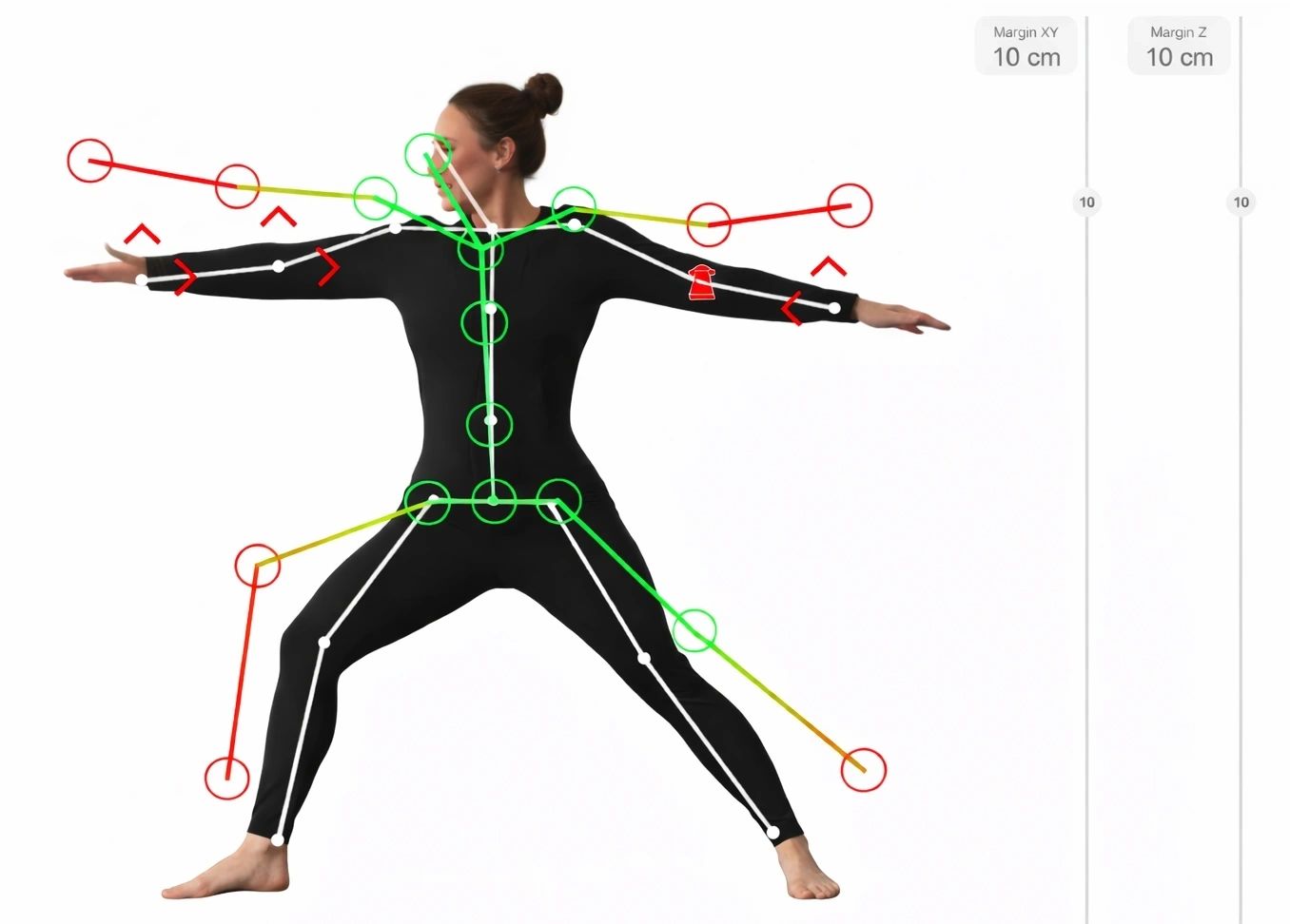 A woman in a wide yoga stance with her skeleton drawn over her: green where she matches her coach, red arrows where to adjust